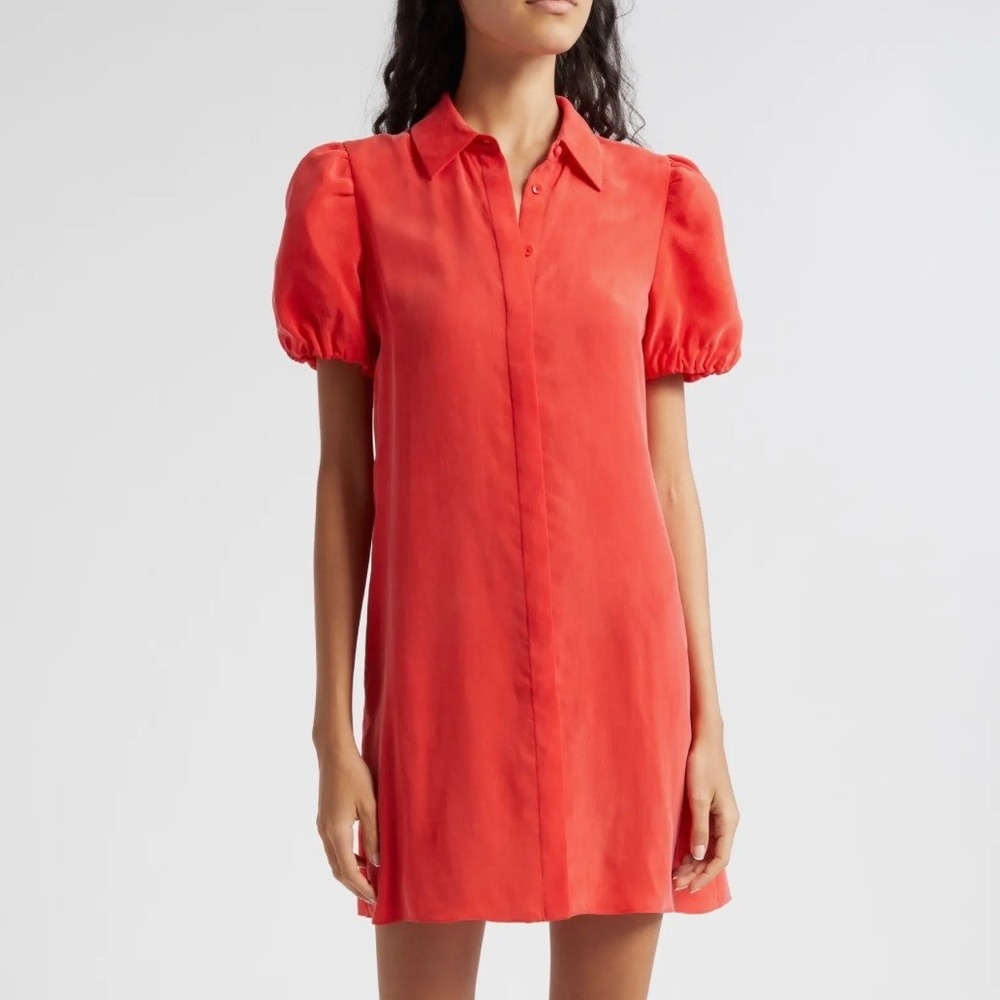 Alice + Olivia Bright Red Jem Puff Sleeve Mini Button Shirt Dress SZ S Feminine